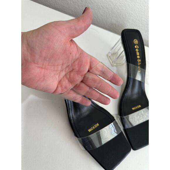 NWOT ComeShun Low Block Heels Mules Two Transparent Band Square Toe Pumps 8 - Picture 8 of 9